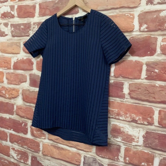 J Crew Top Women's Size 0 Blue Striped Burnout Mesh Zip Up Short Sleeve Blouse - Picture 3 of 8